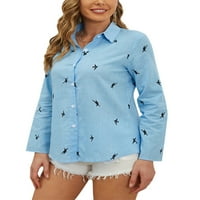 Voguele dame košulje ptice tiskanje vrhova rever za bluzu bluza ured tuničke majice labavo plava 2xl