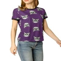 Jedinstvena ponuda ženska kratka rukava kontrast Cartoon mačka Tee okrugli vrat T-shirt