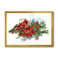 Designart' Božićna Crvena kardinalna ptica i Božićna zvijezda ' tradicionalni uokvireni umjetnički Print