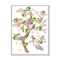 Drvo Sa Šarenim Pticama Koje Sede Na Cvetnim Granama Uokvireno Slikarstvo Platno Art Print
