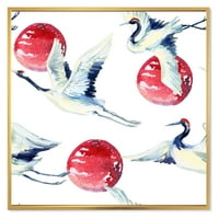 Designart 'Crveni Pun Mjesec Sa Azijskom Pticom Ždralom' Tradicionalni Uramljeni Platneni Zidni Umjetnički Print