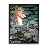 Stupell Industries Mermaid plivanje među vodenim ljiljanima Koi ribnjak slika siva uokvirena Art Print zidna