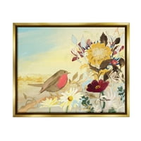 Stupell Industries mješoviti cvjetni aranžman za ptice slika metalik zlato plutajuće uokvireno platno print