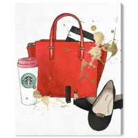 Runway Avenue Fashion and Glam Wall Art Canvas Prints 'torbe, cipele i kafa Red' Essentials-crvena , bijela