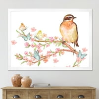Designart 'lijepa ptica sjedi na grani sakure s leptirima' tradicionalni uokvireni umjetnički Print